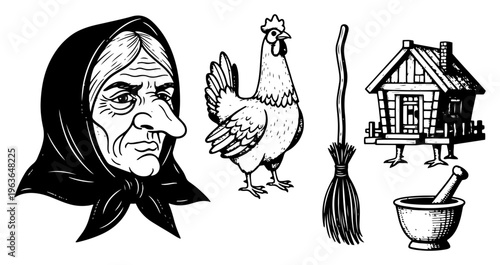 Set of hand drawn folklore elements including witch head chicken broom and cottage on chicken legs