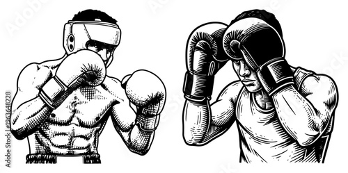 Professional boxers in defensive stance wearing gloves and headgear hand drawn sketches