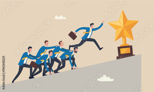 Career competition, job promotion or selfish colleagues jump over other people to get to goal, take advantage of coworker to success, selfish businessman jump over other people to achieve target