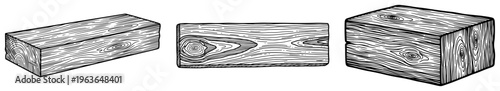 Hand drawn ink sketches of wooden planks and blocks with detailed grain texture