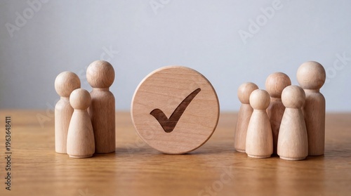 Wooden peg people figurines standing beside a circular token with a checkmark symbol representing team consensus approval success agreement cooperation unity and positive choice in business strategy