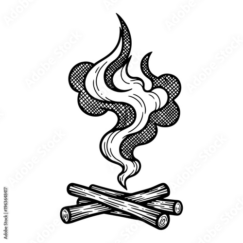 Obraz na płótnie Stylized ink illustration of a campfire with burning logs and rising smoke