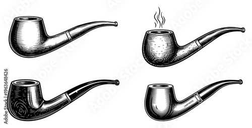 Set of classic wooden smoking pipes in various shapes hand drawn in vintage style