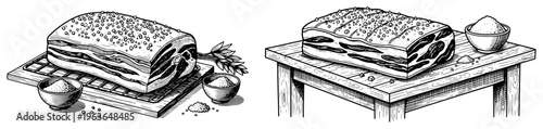 Hand drawn ink illustration of gourmet pork belly and raw meat slabs on wooden table
