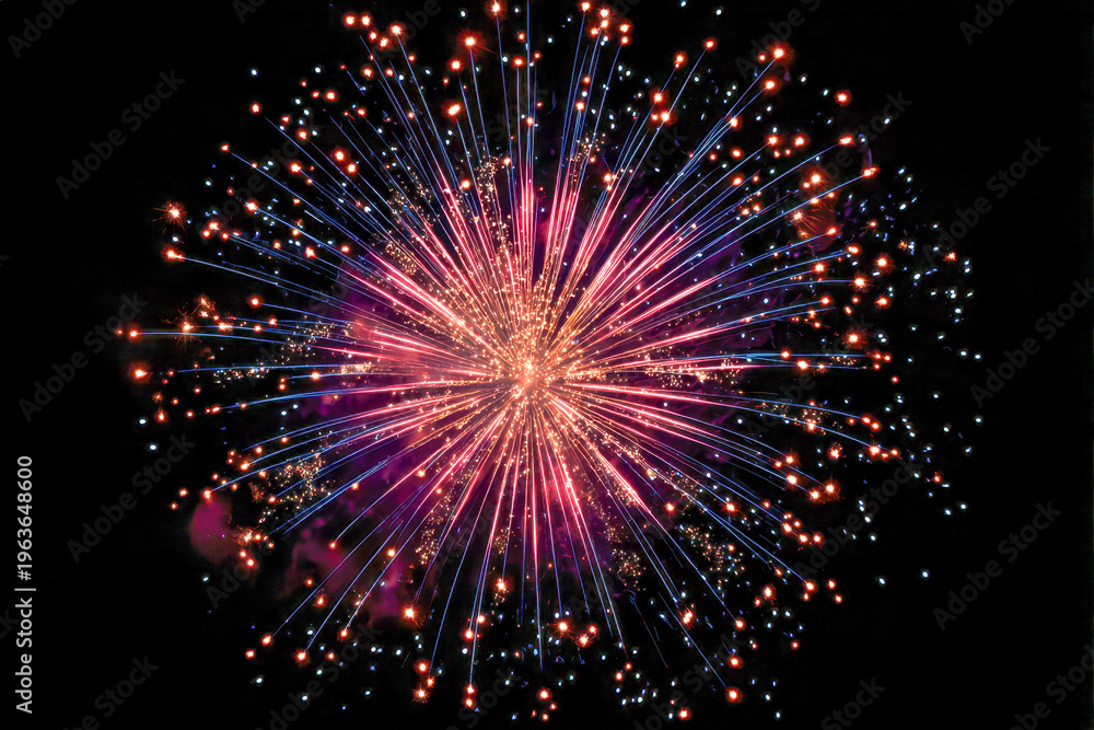 Obraz premium Vibrant explosion of colorful fireworks lighting up the night sky with dazzling pink, orange, and blue sparks spreading in all directions in a festive celebration sc