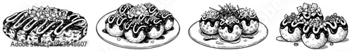 Set of hand drawn illustrations featuring japanese takoyaki and okonomiyaki street food