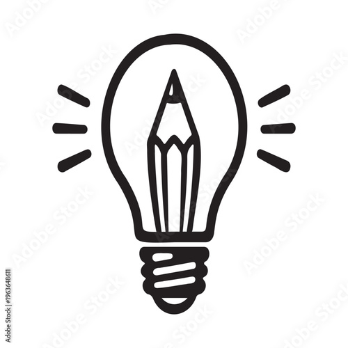 Minimalist black line icon of lightbulb with pencil-shaped filament and motion rays, high-contrast inspiration symbol on white background