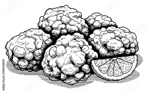 Detailed ink sketch of fried chicken nuggets with a lemon slice garnish