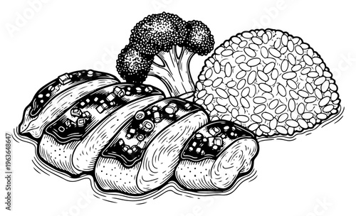 Vintage ink drawing of roasted duck breast with broccoli and a side of rice