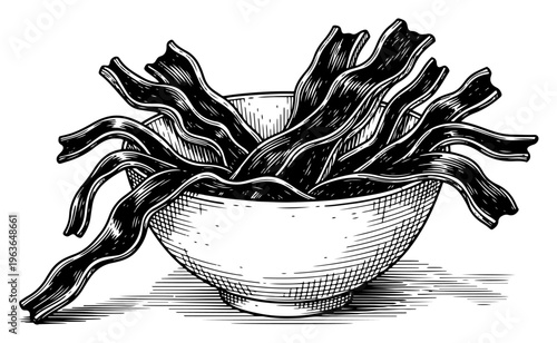 Hand drawn illustration of crispy bacon strips served in a ceramic bowl