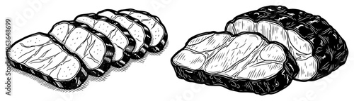 Detailed ink illustrations of sliced roasted meat and grilled steaks with textured crust