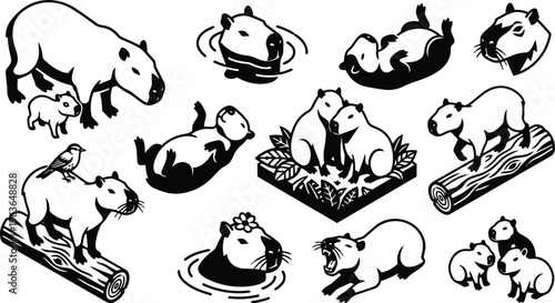 Black and white capybara line art multiple poses on logs and water