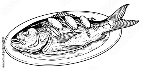 Detailed ink sketch of a whole cooked fish served on a platter with lemon