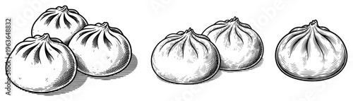 Hand drawn sketches of traditional steamed buns and baozi in various sizes