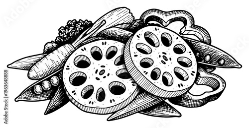 Detailed ink illustration of assorted fresh vegetables including lotus root and peppers