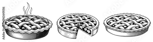 Traditional fruit pies with lattice crust and steam hand drawn in vintage style