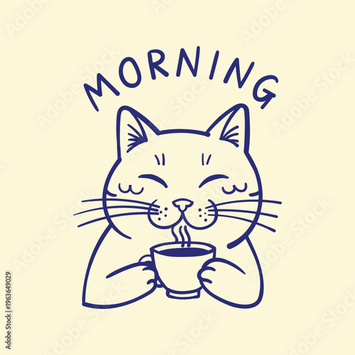 Cute line art illustration of a cat drinking morning coffee