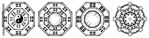 Set of traditional Chinese Bagua octagonal mirrors with yin yang and trigram symbols