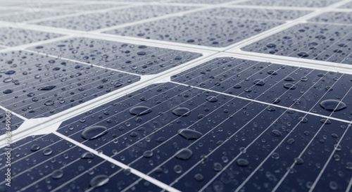 Close-up of wet solar panels with rain droplets on surface