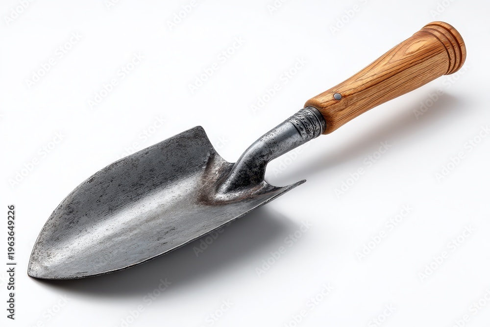 Fototapeta premium Garden hand shovel on white studio background with wooden handle and metal blade