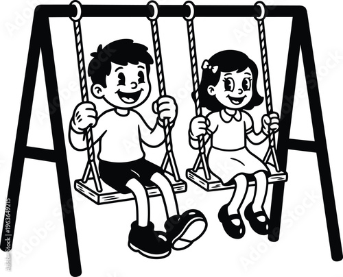 Retro cartoon smiling boy and girl on swings at playground black and white line art