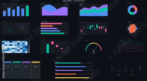 Modern business data visualization set with bar graphs, line charts, and infographic elements for financial reports