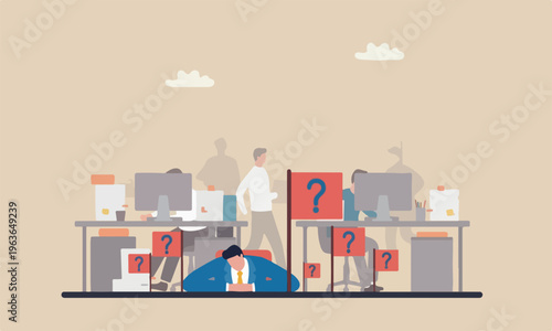 Quiet quitting flag on pillars boredom, exhaustion or burn out from hard work without recognition concept, unhappy businessman sleeping while working at busy workplace