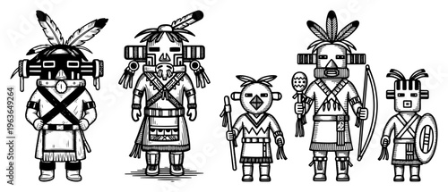 Hand drawn sketches of Native American Kachina dolls and tribal figures with traditional headdresses