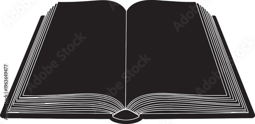 Open book silhouette icon showing blank pages and detailed binding lines representing literature study education and knowledge on transparent backdrop.
