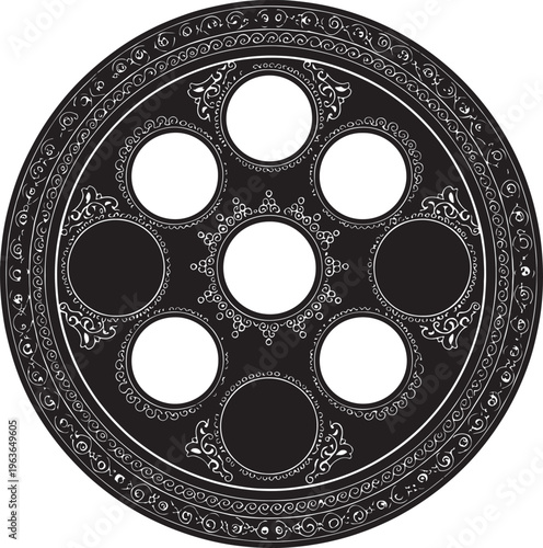 Seder plate for passover, jewish holiday traditional meal, circular design with seven symbolic food sections, vintage ornamental illustration, ritual observance.