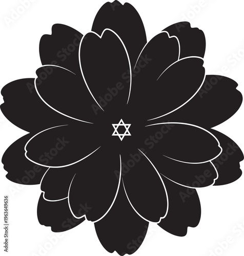 Black silhouette of a star of david flower with silver outlines on transparent checkered background, symbol of judaism, religion, jewish heritage, spiritual emblem.