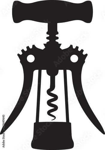Black silhouette of a classic winged corkscrew wine opener with a spiral worm and two levers, isolated on a white background, representing barware