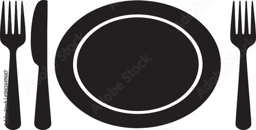 Black silhouette of a dinner plate with a fork and knife on either side, representing a meal or dining setting on a white background