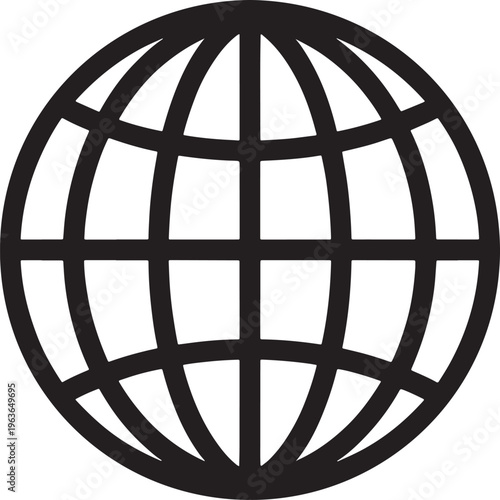 Black silhouette of a globe with a grid of latitude and longitude lines representing global connection and the wide web