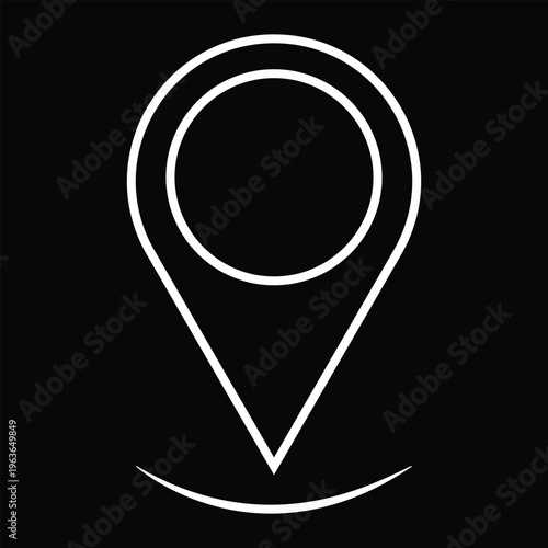 White Minimalist Map Pin Outline Icon on Black, Geometric Location Marker Vector Illustration for Navigation, GPS, and Dark Mode Interface Design.