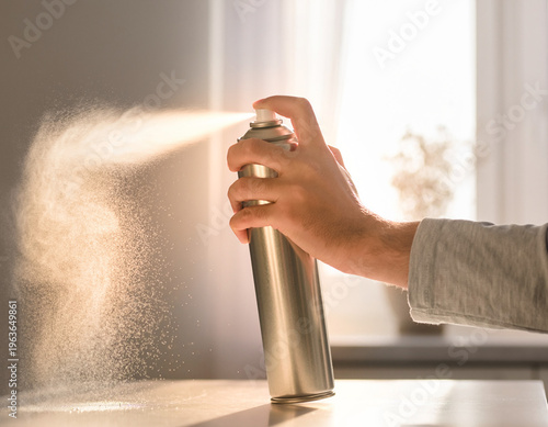 A hand sprays aerosol disinfectant mist from a spray can in sunlight, embodying the concept of hygiene.
