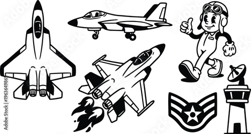 Black and white line art fighter jets cartoon pilot badge and control tower icons