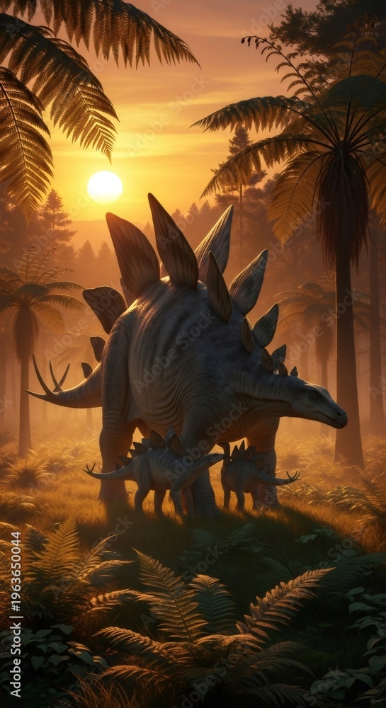 Fototapeta premium Stegosaurus dinosaur with baby dinosaurs in prehistoric jungle. Jurassic period landscape with ancient trees and sunset.