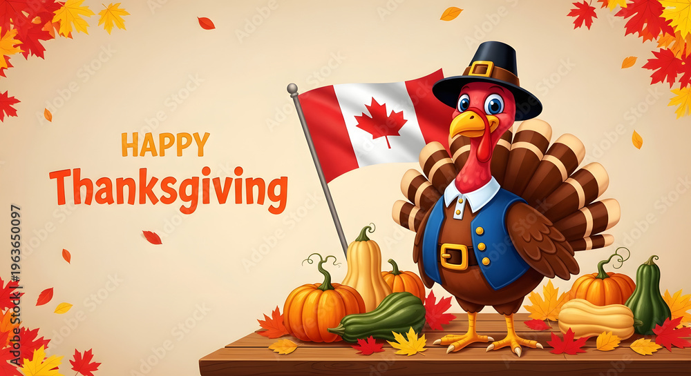 Naklejka premium Happy thanksgiving celebration with cartoon turkey wearing pilgrim hat and canada flag surrounded by pumpkins and fall leaves on wooden table