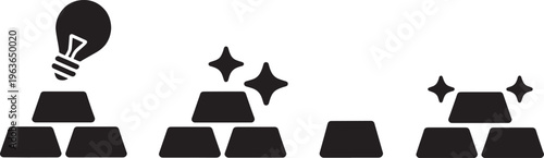 Black silhouette representing an idea lightbulb atop gold bars and sparkling gold bars indicating wealth and success on a white background