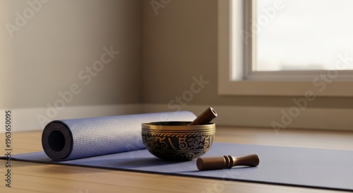 Meditation setting with Tibetan singing bowl and yoga mat
