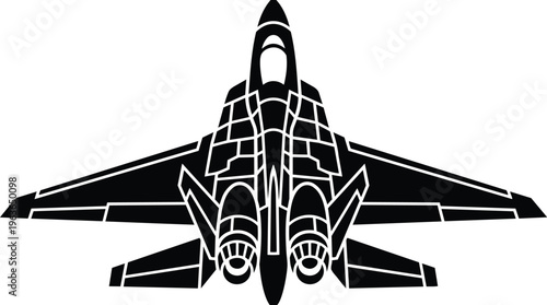 Black and white line art top view fighter jet with twin engines and canopy
