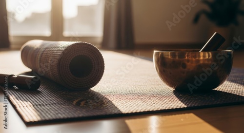 Yoga mat and singing bowl in sunlit meditation space