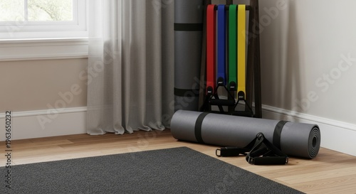 Home Gym with Yoga Mat and Resistance Bands in Bright Room