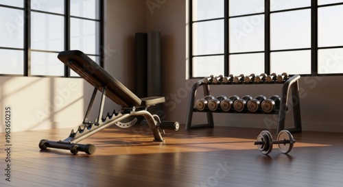 Modern gym equipment in bright fitness studio with sunlight