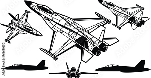 Black and white line art fighter jet trio with detailed twin engine top and side views