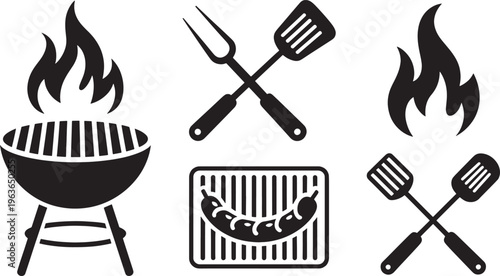 Collection of Black and White Barbecue and Grilling Featuring a Grill, Flames, Spatula, Fork, and Sausage on a White Background