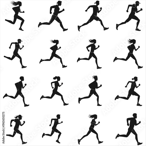Running men and women, isolated vector silhouettes. Run, side view. Silhouettes of athletic looking male and female runners running. JPEG version.