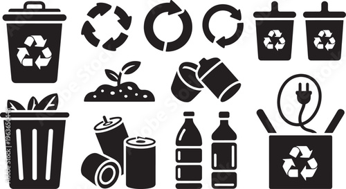 Collection of black and white representing recycling and environmental conservation including trash cans with recycle symbols growing plants and