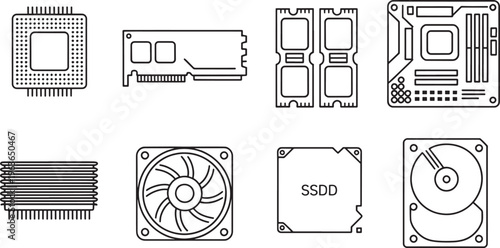 Collection of black line depicting computer hardware components including a CPU, RAM stick, memory modules, motherboard, heatsink, fan, SSD, and